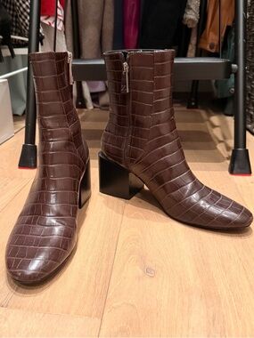 Zara Dark Brown Croc-Embossed Block Heel Ankle Boots
